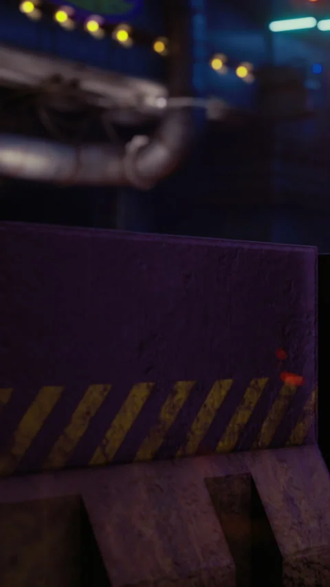 Bright neon lights illuminate a gritty industrial scene in an urban setting Video stock 335098003