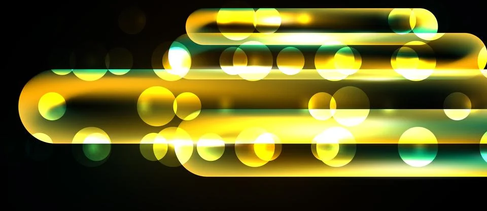 Bright neon lines, circles create dynamic energy flow. Golden hues dominate.. Illustrazione stock