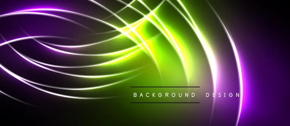 Bright neon lines create abstract energy flow. Vivid purple, green hues dom.. Ilustración de archivo