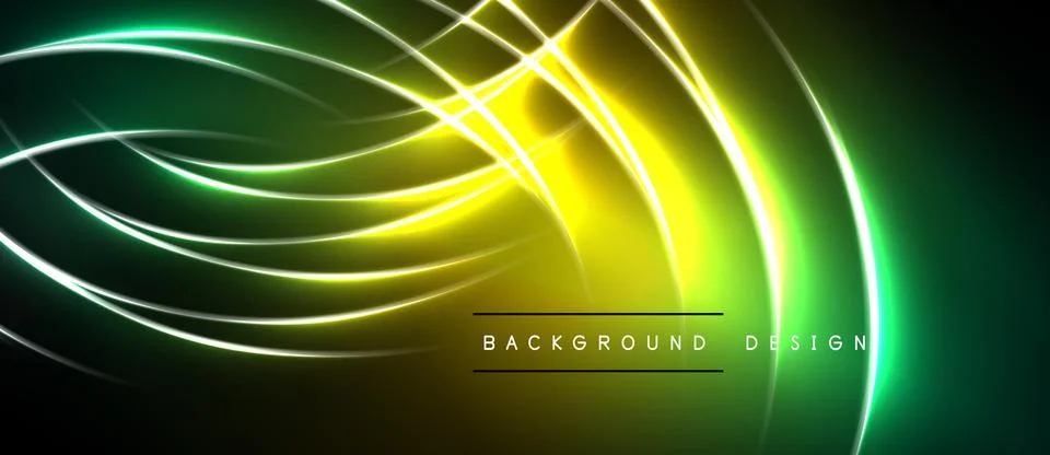 Bright neon lines create abstract flow. Vivid green, yellow hues dominate dar Stock Illustration