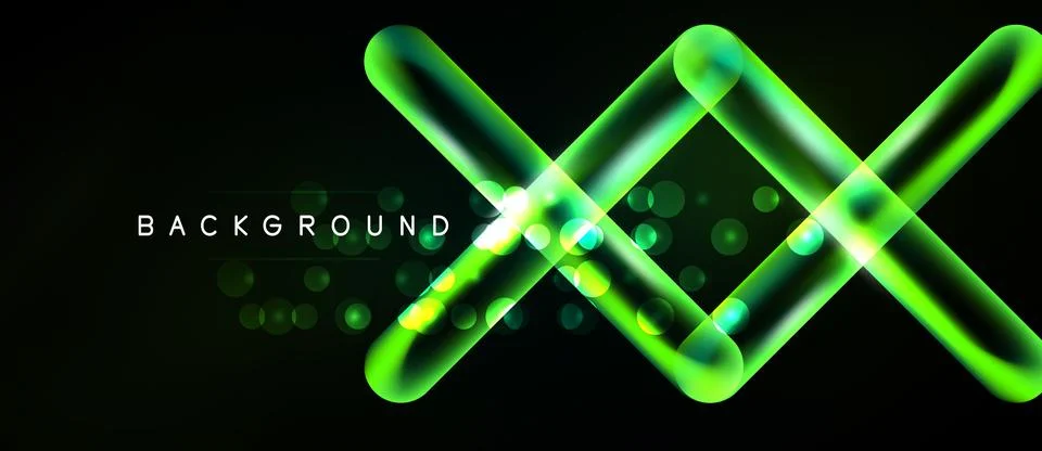 Bright neon lines form abstract shapes over dark background. Circles add subt Stock Illustration