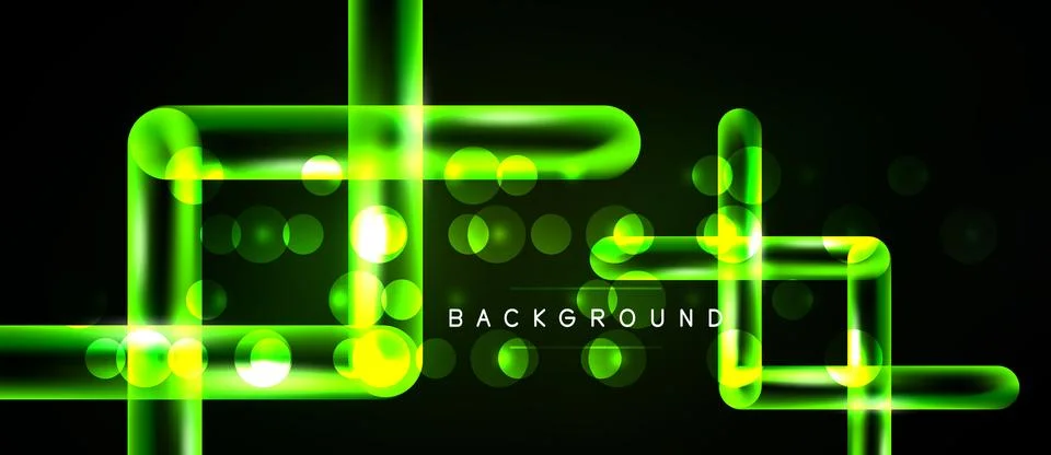 Bright neon lines form abstract shapes over dark background. Glowing dots add Illustration