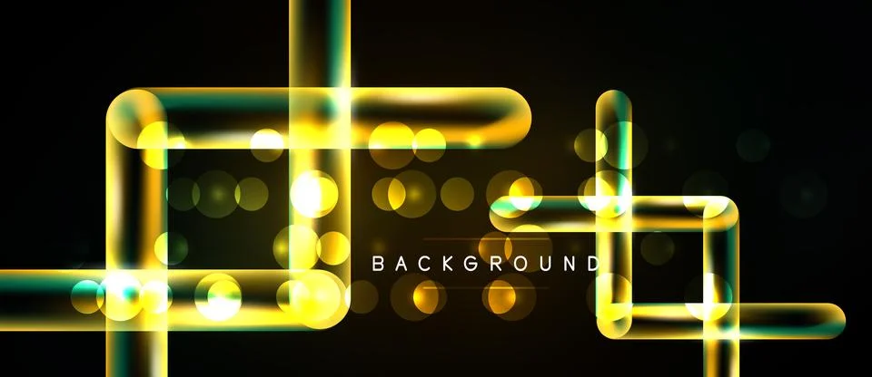 Bright neon lines form abstract shapes over dark background. Bokeh effects ad Stock Illustration
