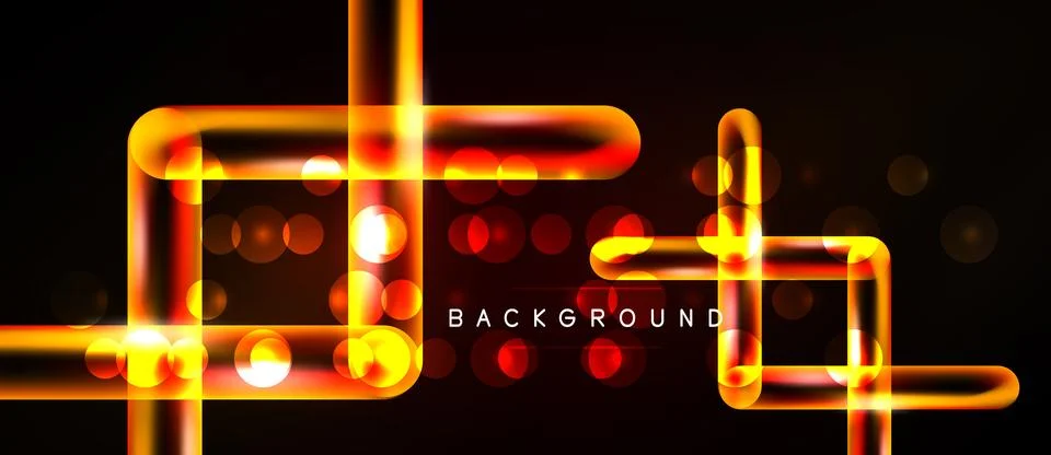 Bright neon lines form abstract shapes over dark background. Glowing dots Stock Illustration