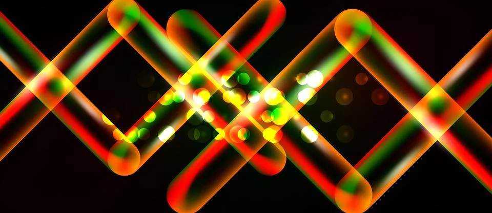Bright neon lines form zigzag pattern over black background. Circles add dy.. Illustrazione stock