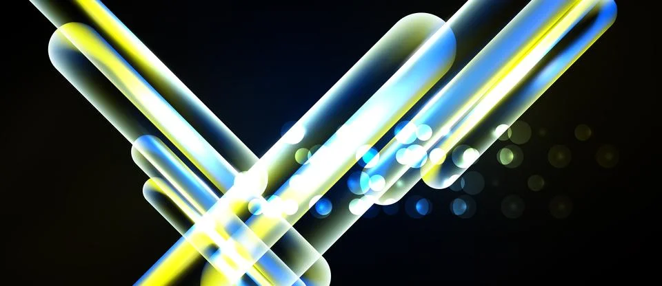 Bright neon lines intersect against dark background. Glowing streaks create Stock Illustration