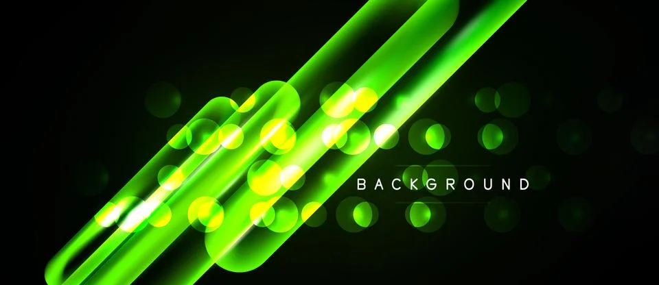 Bright neon lines intersect black space. Glowing orbs add dynamic visual Stock Illustration
