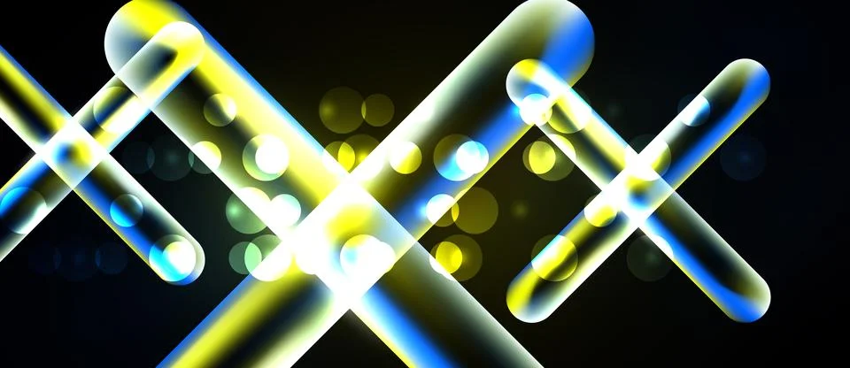 Bright neon lines intersect, creating abstract shapes. Glowing orbs add depth Stock Illustration