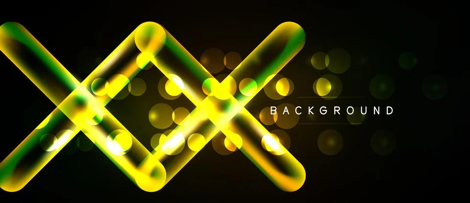 Bright neon lines intersect, creating abstract geometric pattern. Bokeh effec Stock Illustration