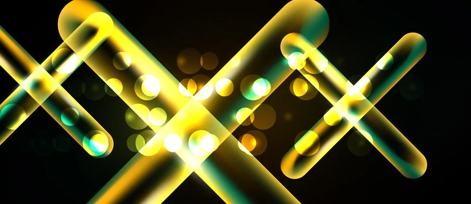 Bright neon lines intersect, creating abstract shapes. Golden circles add Stock Illustration