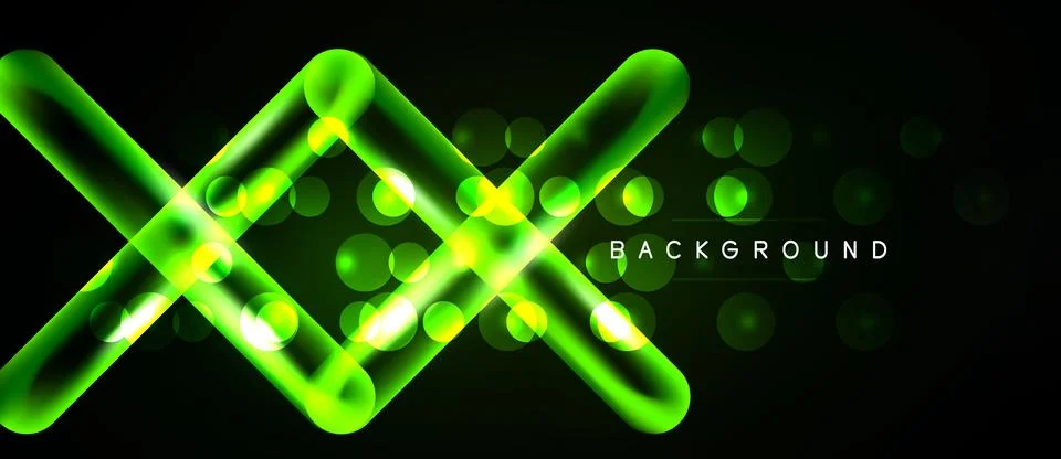 Bright neon lines intersect, creating abstract pattern. Glowing circles add Stock Illustration