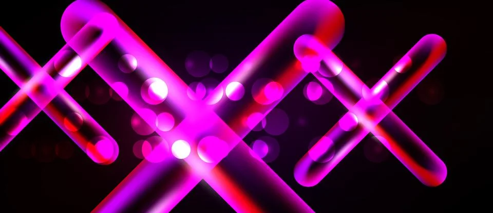 Bright neon lines intersect, creating abstract shapes. Circles glow softly イラスト素材