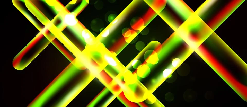 Bright neon lines intersect, creating abstract patterns. Bokeh effects add .. Stock Illustration