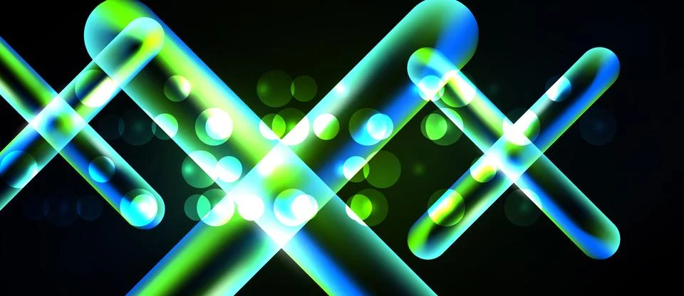 Bright neon lines intersect, creating abstract shapes. Circles add glow, set Illustrazione stock