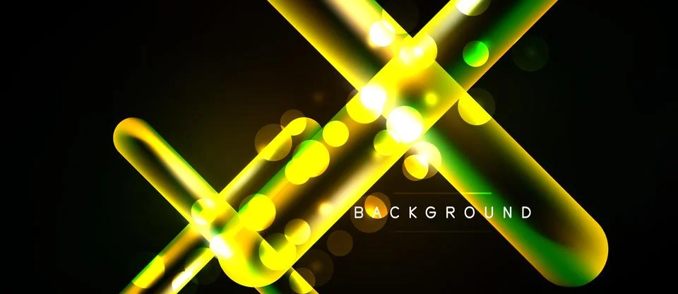 Bright neon lines intersect, creating dynamic light effects. Yellow, green gl Stock Illustration
