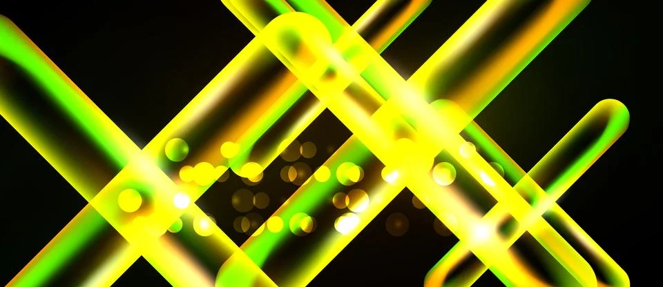 Bright neon lines intersect, creating abstract patterns. Glowing orbs add dep Stock Illustration