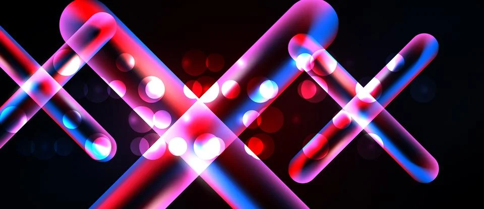 Bright neon lines intersect, creating abstract shapes. Red, blue hues dominat Stock Illustration