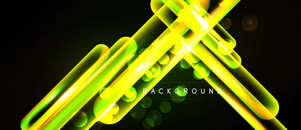 Bright neon lines intersect, creating dynamic abstract background. Glowing or Stock Illustration