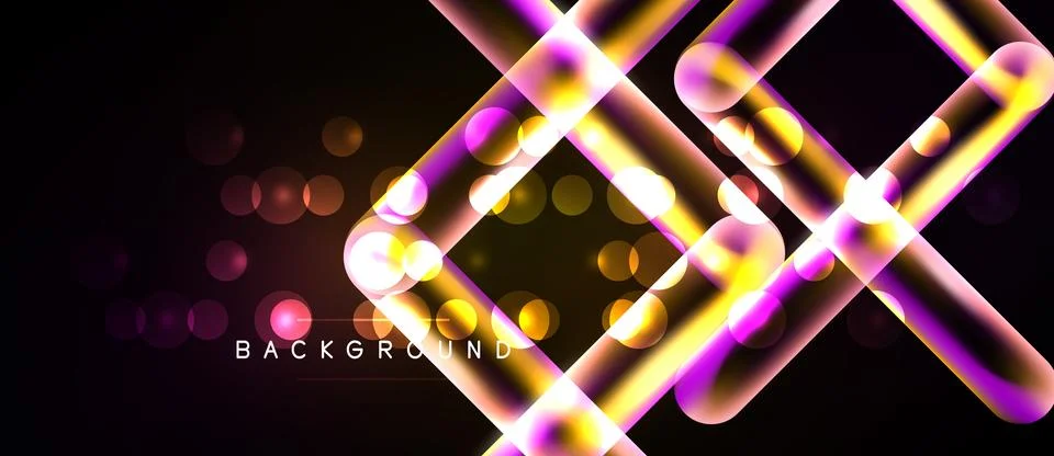 Bright neon lines intersect, creating abstract geometric shapes. Bokeh effect Illustrazione stock