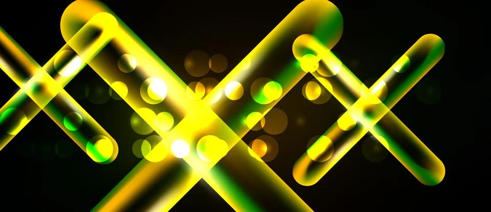 Bright neon lines intersect, creating abstract shapes. Glowing circles add Stock Illustration