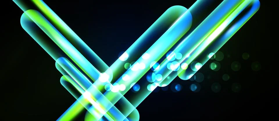 Bright neon lines intersect dark background. Glowing particles add dynamic Stock Illustration