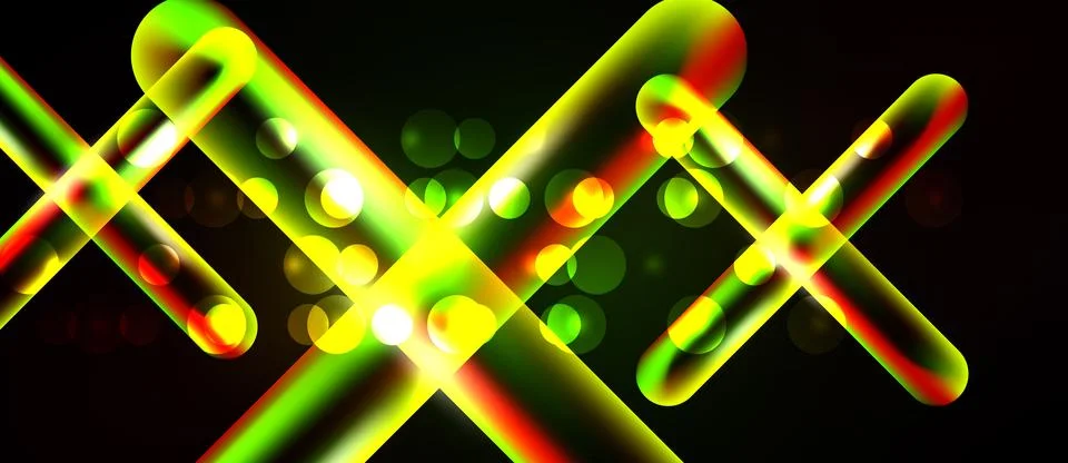 Bright neon lines intersect, forming abstract shapes. Glowing circles add Illustrazione stock