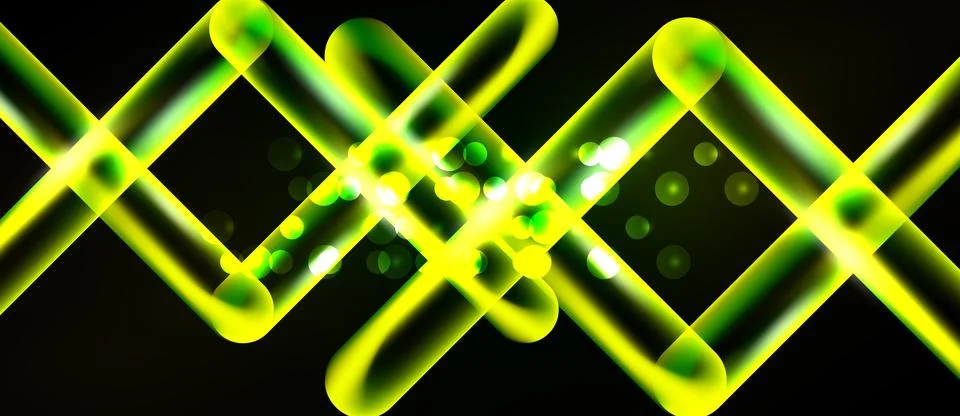Bright neon lines intersect, forming geometric shapes. Green glows radiate Stock Illustration