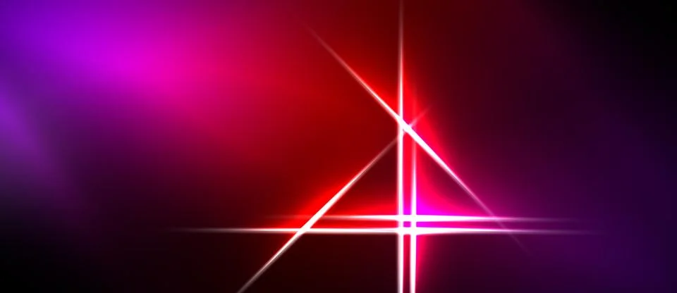 Bright neon lines intersect, forming triangle. Background shifts from purple  스톡 일러스트