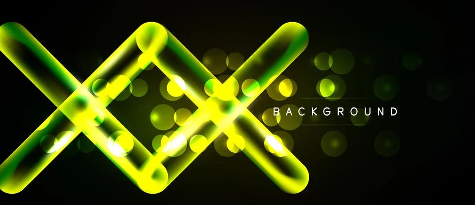 Bright neon lines intersect, forming abstract shapes. Glowing orbs scatter Stock Illustration