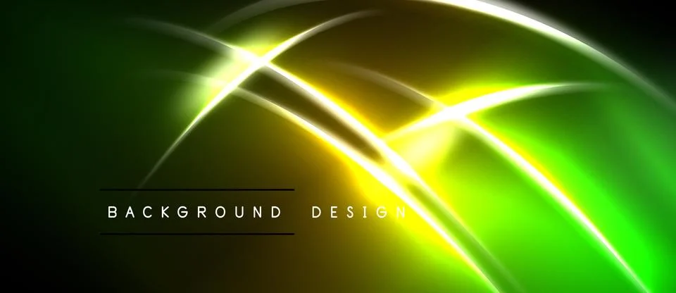 Bright neon lines intersect over dark green, yellow gradients. Modern abstrac Stock Illustration