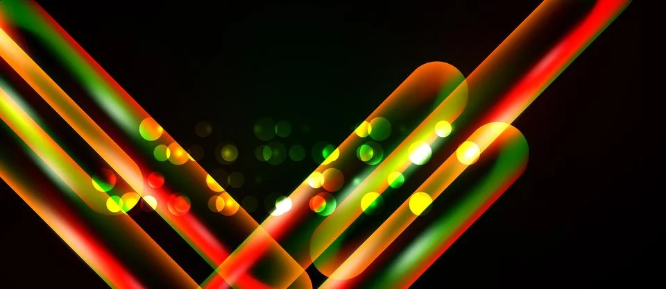 Bright neon lines intersect over dark background. Vivid colors create dynamic Ilustração Stock