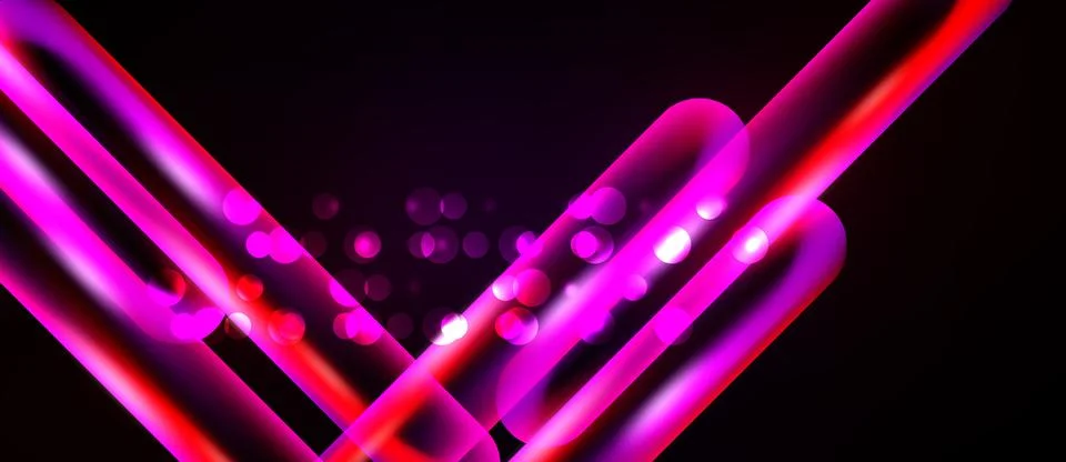 Bright neon lines intersect over black background. Circles add dynamic visual Ilustração Stock