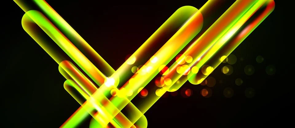 Bright neon lines intersect over black background. Vivid colors create dynami Stock Illustration