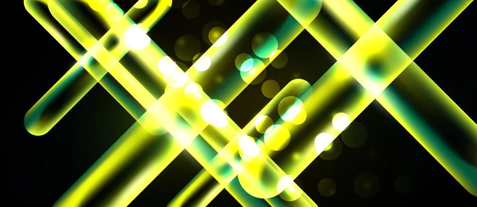 Bright neon lines intersect over dark background. Bokeh effects add depth, Stock Illustration