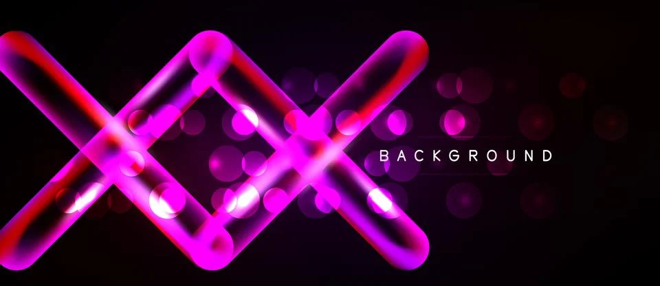 Bright neon lines intersect over dark background. Circles add depth, creating Stock Illustration