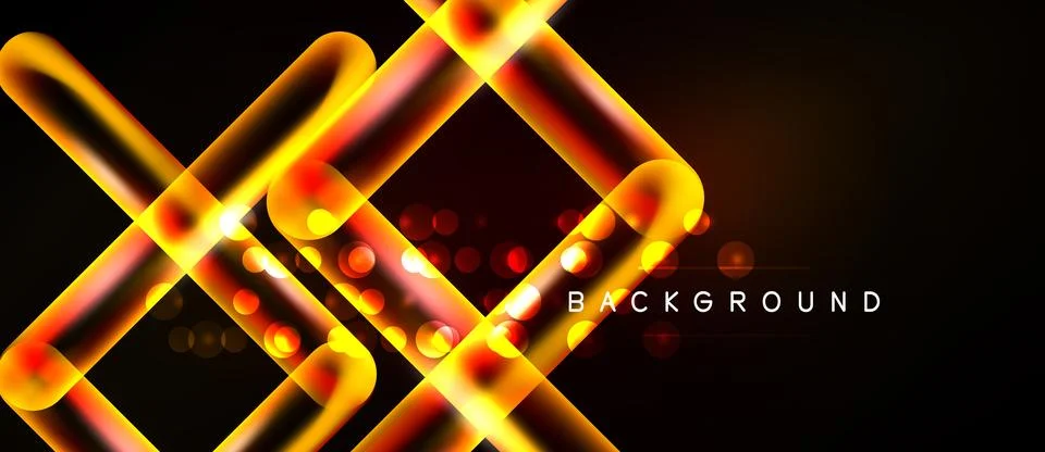 Bright neon lines intersect over dark background. Glowing circles add depth, Stock Illustration
