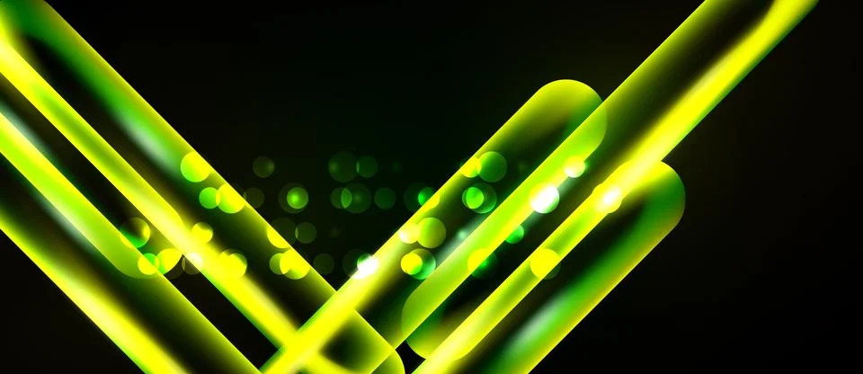 Bright neon lines intersect over black background. Glowing orbs add dynamic Ilustração Stock