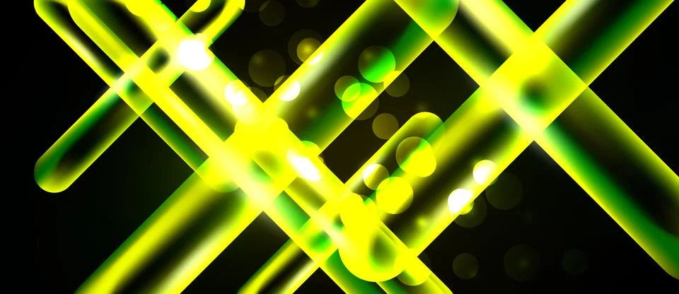 Bright neon lines intersect over black background. Bokeh effects add visual Stock Illustration