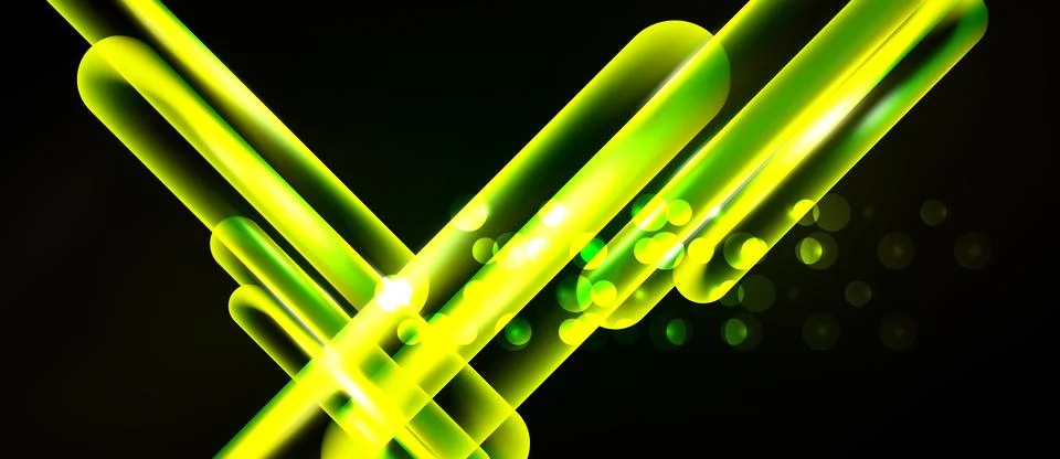 Bright neon lines intersect over black background. Glowing orbs add dynamic Stock Illustration