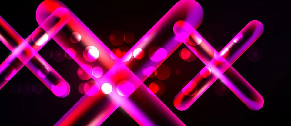 Bright neon lines intersect over black background. Pink, red glows create Stock Illustration