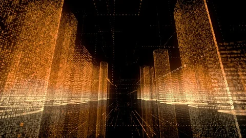 Bright neon model of abstract digital city in white, gold and orange colors and Stock Footage 113340717