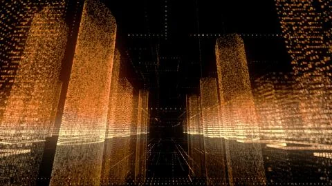 Bright neon model of abstract digital city in white, gold and orange colors and Stock-Illustration