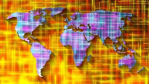 Bright neon rays in world map Illustrazione stock