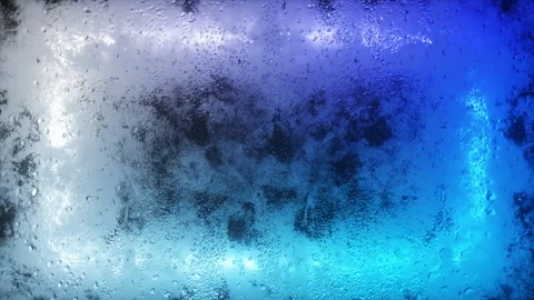 A bright neon rectangle flashes through a foggy window. Drop of water on the Stock Footage 125477341