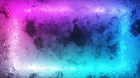 A bright neon rectangle flashes through a foggy window. Drop of water on the  Stock Photos