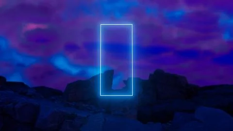 Bright neon rectangle floating above rocks in fantasy landscape Ilustração Stock