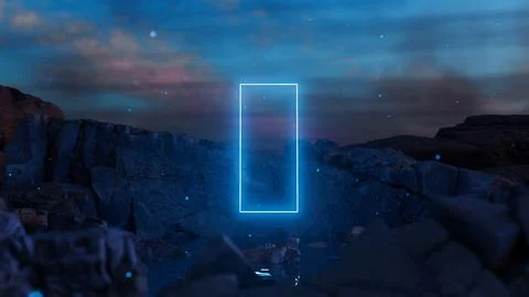 Bright neon rectangle floating above rocky coast at night creating surreal Ilustração Stock