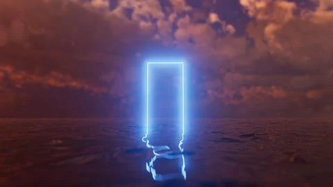 Bright neon rectangle floating above water under cloudy sky 스톡 일러스트