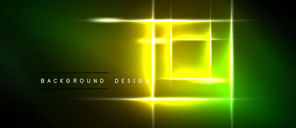 Bright neon rectangles overlap dark green background. Glowing lines create Stock Illustration