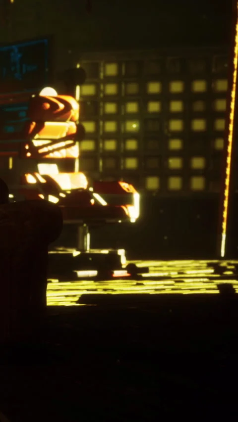 Bright neon reflections dance on empty chair in a dimly lit urban space Stock Footage 334215458
